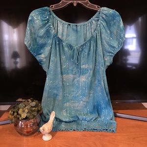 Turquoise sequined peasant blouse
